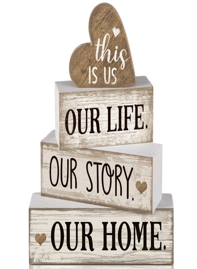 Conelist 4 Pcs Wooden Farmhouse Tabletop Decor Farmhouse Tiered Tray Decor Our Home Centerpiece Wooden Heart Rustic Decorative Block Sign for Table Kitchen Shelf Desk Decoration - Image 1